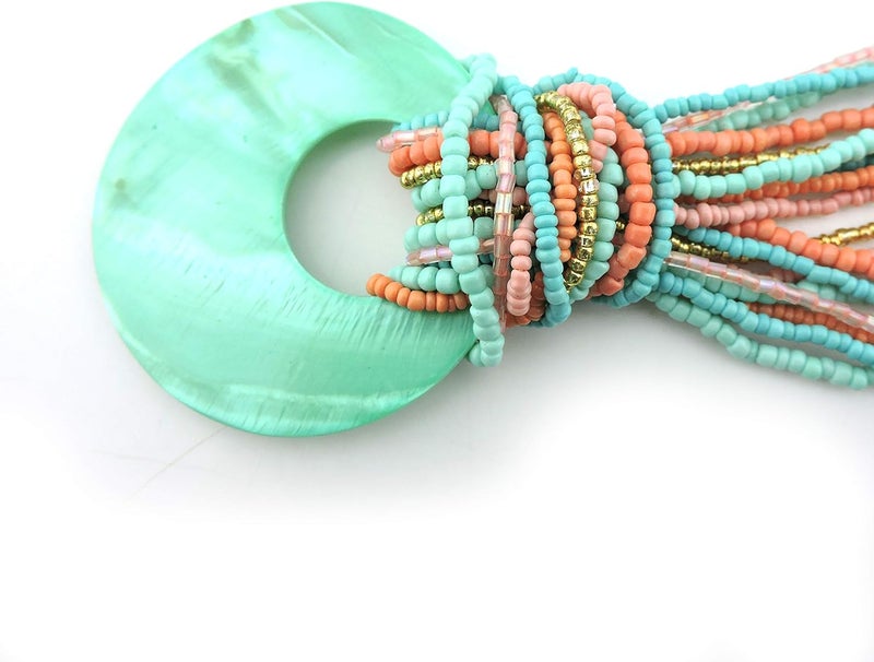 Coiris Multi Strand Statement Colorful Beaded Necklace with Big Circle Shell Pendant for Women - Image 4