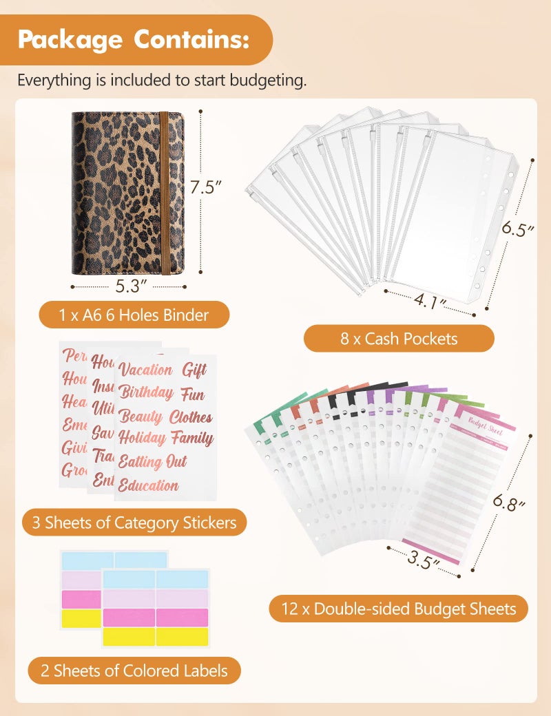 Zreal A6 Budget Binder for Money Saving, PU Leather Budget Planner with 8 Cash Envelopes, Budget Sheets & Rose Gold Category Stickers, Money Organizer for Cash (Leopard) - Image 2