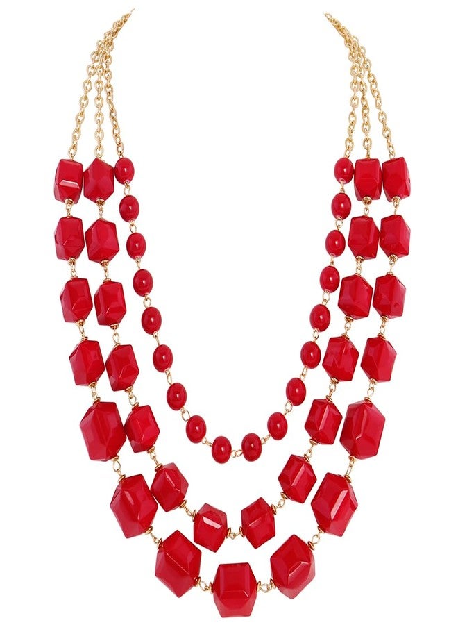 Bocar Necklace for Women, 3 Layer Long Link Chain Necklace Acrylic Beaded Necklace, Statement Necklace, Chunky Necklace Gift (NK-10705-Red) - Image 1