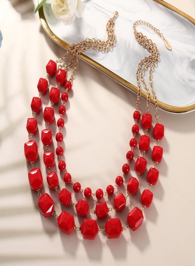 Bocar Necklace for Women, 3 Layer Long Link Chain Necklace Acrylic Beaded Necklace, Statement Necklace, Chunky Necklace Gift (NK-10705-Red) - Image 4