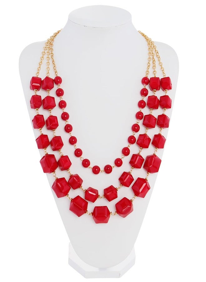 Bocar Necklace for Women, 3 Layer Long Link Chain Necklace Acrylic Beaded Necklace, Statement Necklace, Chunky Necklace Gift (NK-10705-Red) - Image 3