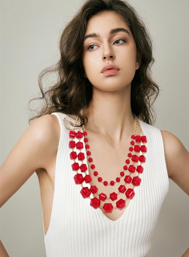 Bocar Necklace for Women, 3 Layer Long Link Chain Necklace Acrylic Beaded Necklace, Statement Necklace, Chunky Necklace Gift (NK-10705-Red) - Image 2
