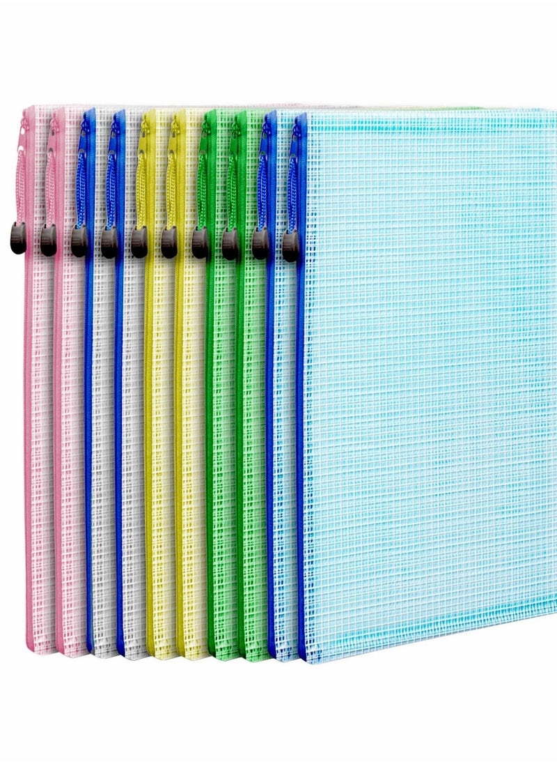 Y&D 10 Pcs Mesh Zipper Pouch Document Bag Letter Size A4 Size Zip File Folders Waterproof Plastic Envelopes For School Office Supplies Travel Storage Bags Pockets 5 Color  - Image 1