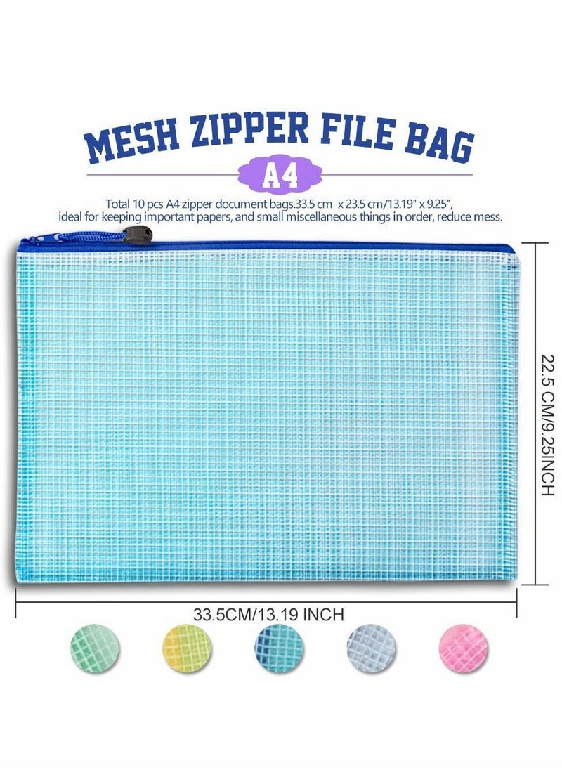 Y&D 10 Pcs Mesh Zipper Pouch Document Bag Letter Size A4 Size Zip File Folders Waterproof Plastic Envelopes For School Office Supplies Travel Storage Bags Pockets 5 Color  - Image 2