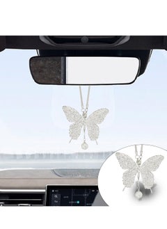Crystal Car Rear View Mirror Charms Car Decorative Accessories for Women Bling Butterfly Diamond Car Hanging Accessories Lucky Gifts Hanging Ornament Pendant Decor for All Cars