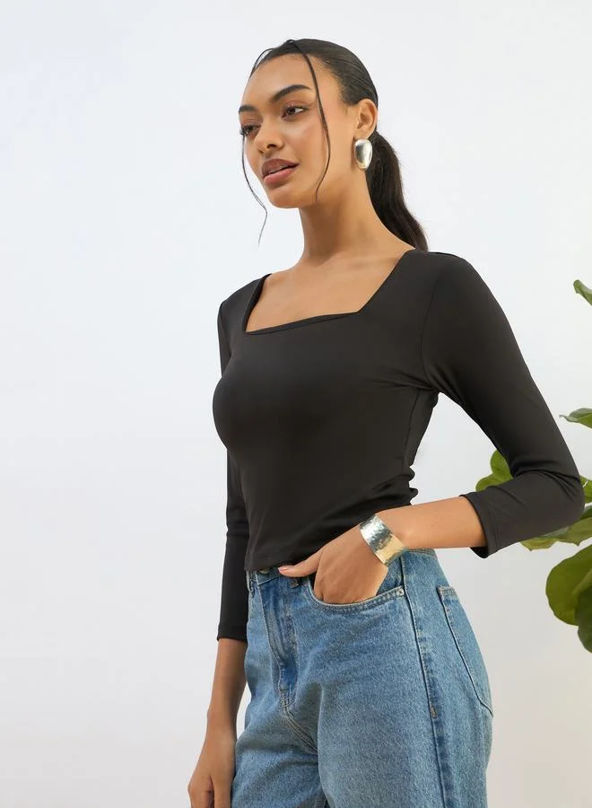 SASSAFRAS Sassafras Black Square Neck Knitted Crop Top