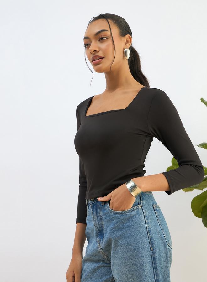 ساسافراس بلوزة قصيرة محبوكة بياقة مربعة سوداء من ساسافراس - Image 3