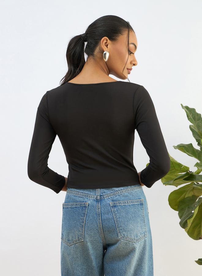 ساسافراس بلوزة قصيرة محبوكة بياقة مربعة سوداء من ساسافراس - Image 5