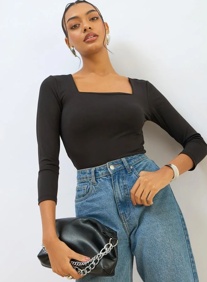 SASSAFRAS Sassafras Black Square Neck Knitted Crop Top