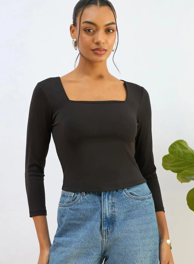 SASSAFRAS Sassafras Black Square Neck Knitted Crop Top