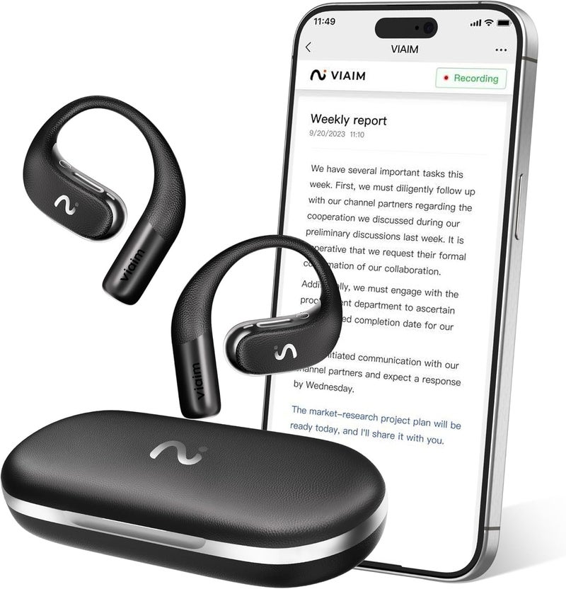 Viaim OpenNote AI Recorder – Open Ear Earbuds with FlashRecord, Call Recording, Real-Time Transcription, Translation, AI Assistant, for Students, Professionals & Interview Recording, Black - Image 1