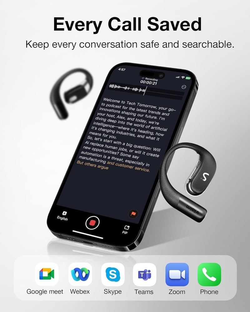 Viaim OpenNote AI Recorder – Open Ear Earbuds with FlashRecord, Call Recording, Real-Time Transcription, Translation, AI Assistant, for Students, Professionals & Interview Recording, Black - Image 3