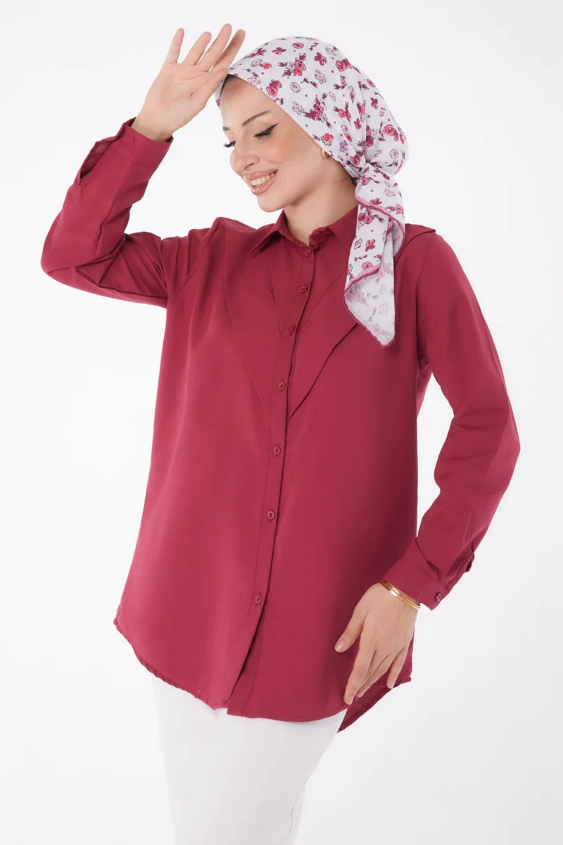 Tofisa Plain Shirt Collar Women's Claret Red Shirt - 13247