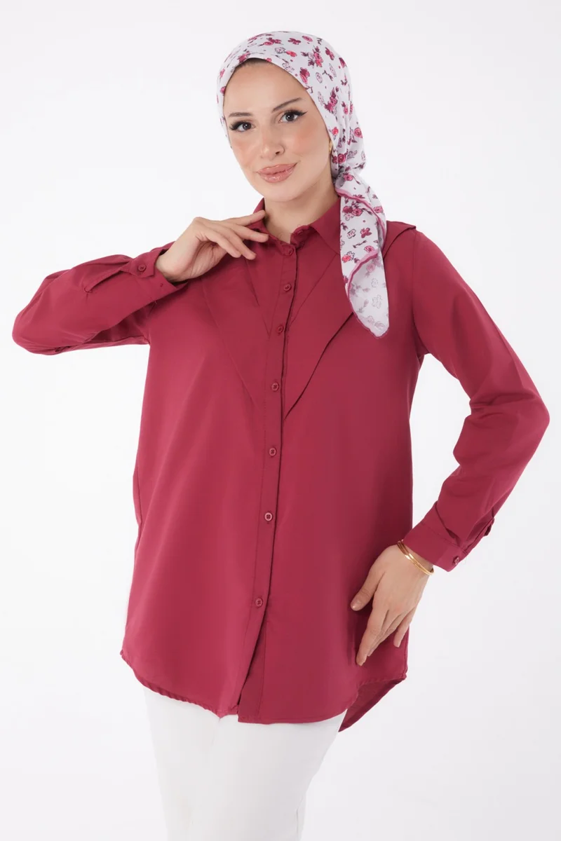 Tofisa Plain Shirt Collar Women's Claret Red Shirt - 13247