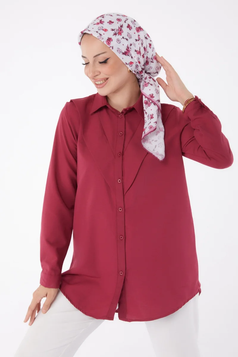 Tofisa Plain Shirt Collar Women's Claret Red Shirt - 13247