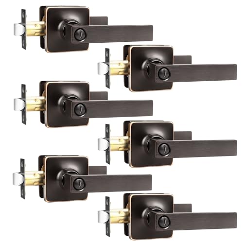 GOBEKOR 6 Pack Privacy Door Levers Interior Door Handles Square Oil Rubbed Bronze Lever Handles Keyless Straight Levers for Bedroom Bedroom - Image 1