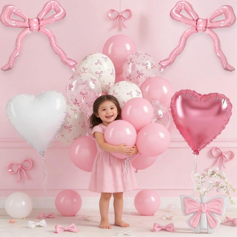 Togvu Pink Bow Balloons, Light Pastel Pink White Bow Print Balloons with 18 Inch Coquette Foil Bow heart Balloon for Girl Women Birthday Wedding Bridal Baby Shower Bachelorette Engagement Party Decorations - Image 2