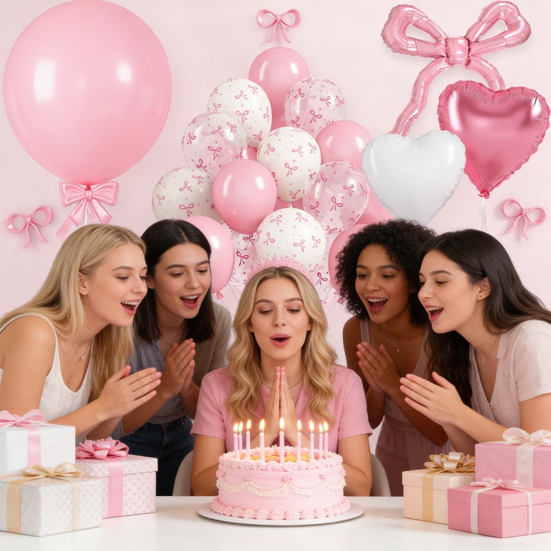 Togvu Pink Bow Balloons, Light Pastel Pink White Bow Print Balloons with 18 Inch Coquette Foil Bow heart Balloon for Girl Women Birthday Wedding Bridal Baby Shower Bachelorette Engagement Party Decorations - Image 3