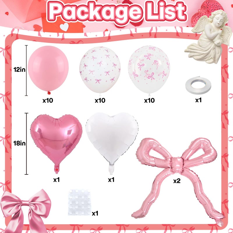 Togvu Pink Bow Balloons, Light Pastel Pink White Bow Print Balloons with 18 Inch Coquette Foil Bow heart Balloon for Girl Women Birthday Wedding Bridal Baby Shower Bachelorette Engagement Party Decorations - Image 4