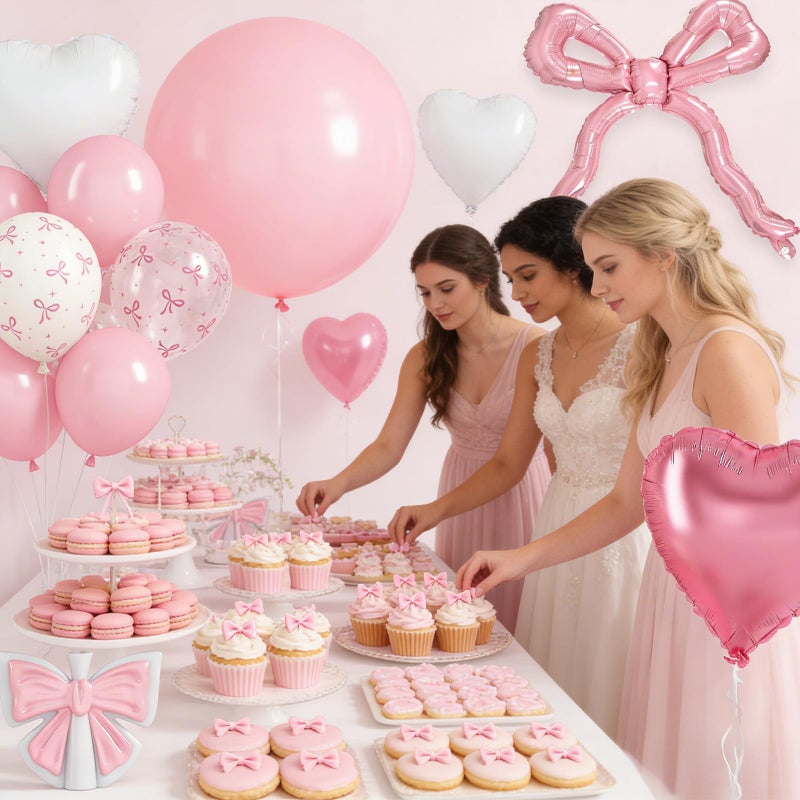 Togvu Pink Bow Balloons, Light Pastel Pink White Bow Print Balloons with 18 Inch Coquette Foil Bow heart Balloon for Girl Women Birthday Wedding Bridal Baby Shower Bachelorette Engagement Party Decorations - Image 5