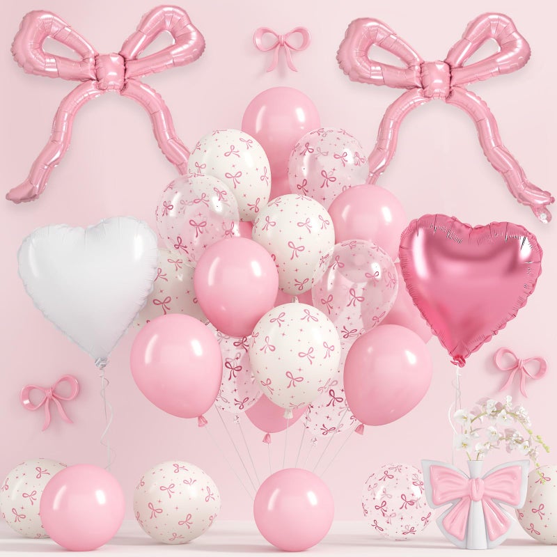 Togvu Pink Bow Balloons, Light Pastel Pink White Bow Print Balloons with 18 Inch Coquette Foil Bow heart Balloon for Girl Women Birthday Wedding Bridal Baby Shower Bachelorette Engagement Party Decorations - Image 1