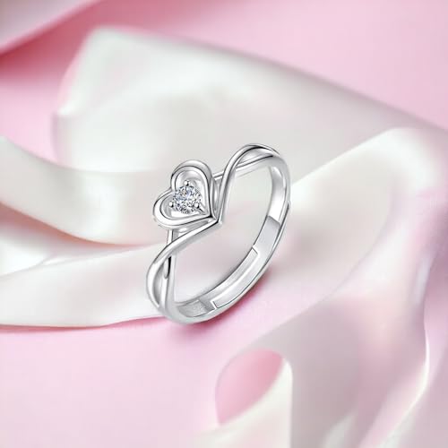 Okos Women Fashion Jewellery Rhodium Plated Solitaire Style Adjustable Heart Finger Ring with Cz Stone For Girls and Women FR1000970WHT - Image 4
