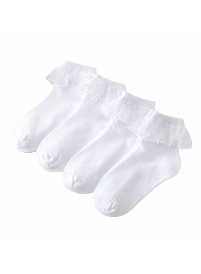 Looching 4 Pairs Toddler Baby Girls Lace Princess Socks Cotton Ruffled Solid Ankle Socks White 1-4T - Image 1