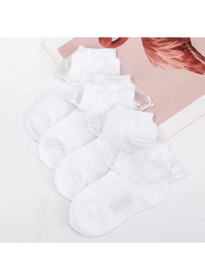 Looching 4 Pairs Toddler Baby Girls Lace Princess Socks Cotton Ruffled Solid Ankle Socks White 1-4T - Image 5