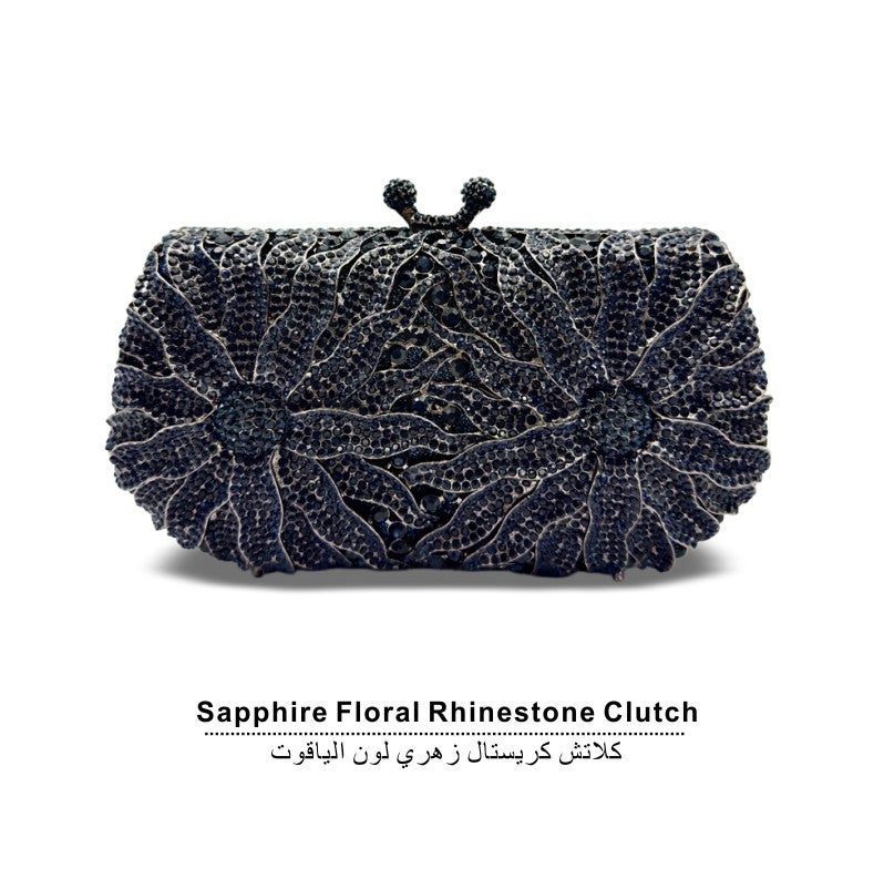 Floral Crystal Rhinestone Evening Clutch Bag, Bow Metal Frame Formal Party Handbag Women Wedding Dinner Purse