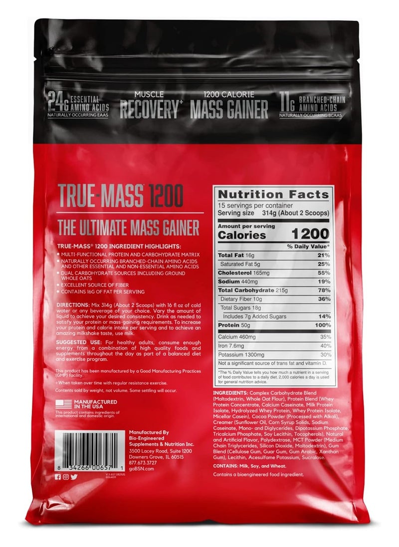 BSN - TRUE-MASS 1200 Weight Gainer, Muscle Mass Gainer Protein Powder, Chocolate Milkshake 10.38 LB - Image 1