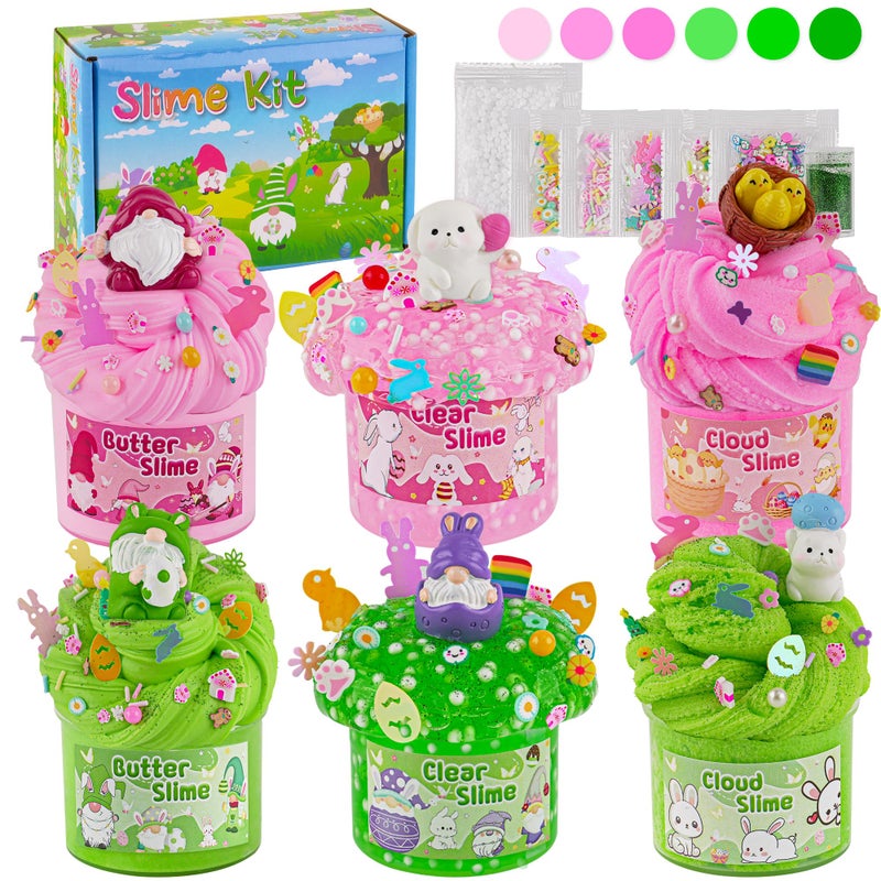 LAWOHO 6 Packs Bunny Pink Slime Kit -Cloud Clear Butter Slimes with Easter Charms & Add-ins, Soft Fluffy Slimes Kits for Girls & Boys, 360ml Pink & Green Easter Slime Making Kit Party Favor for Kids - Image 1