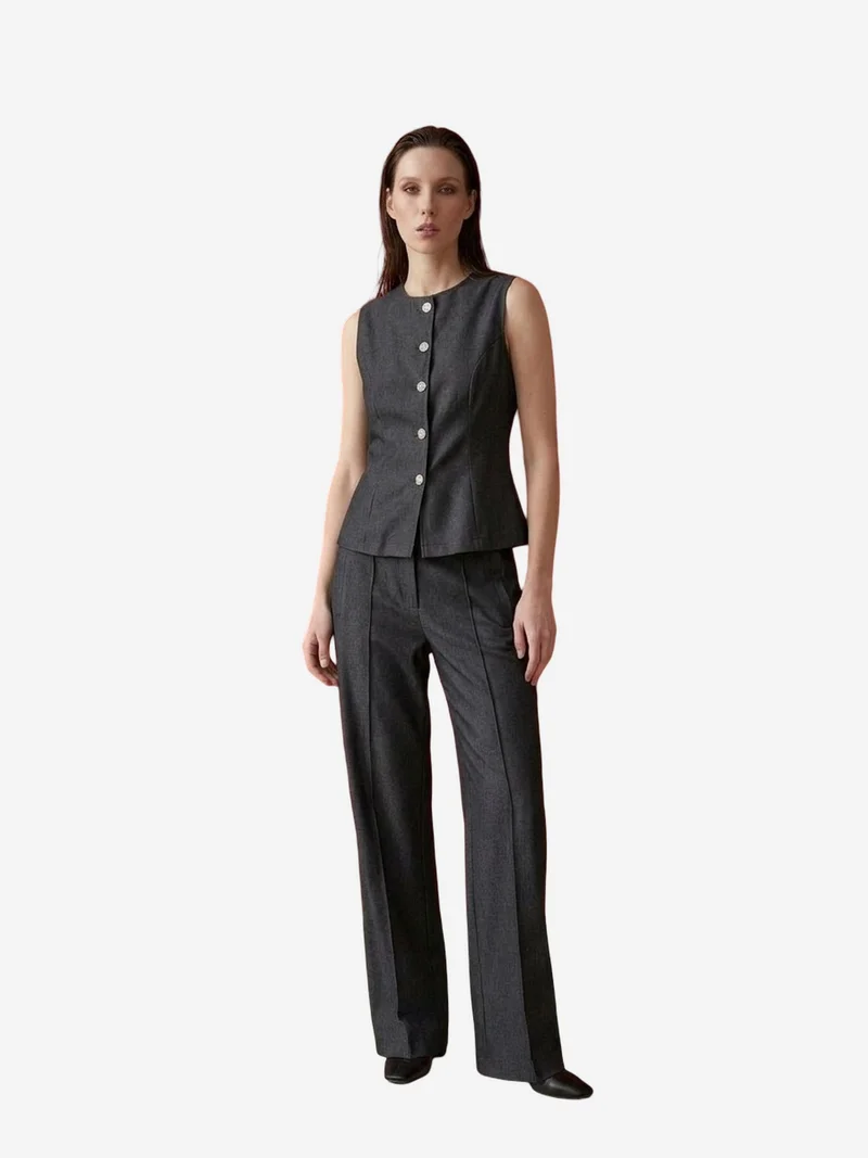 My Fashion Charcoal Grey MY FASHION Cotton Poplin Vest and Wide-Leg Trouser Set for Women | Best Price UAE