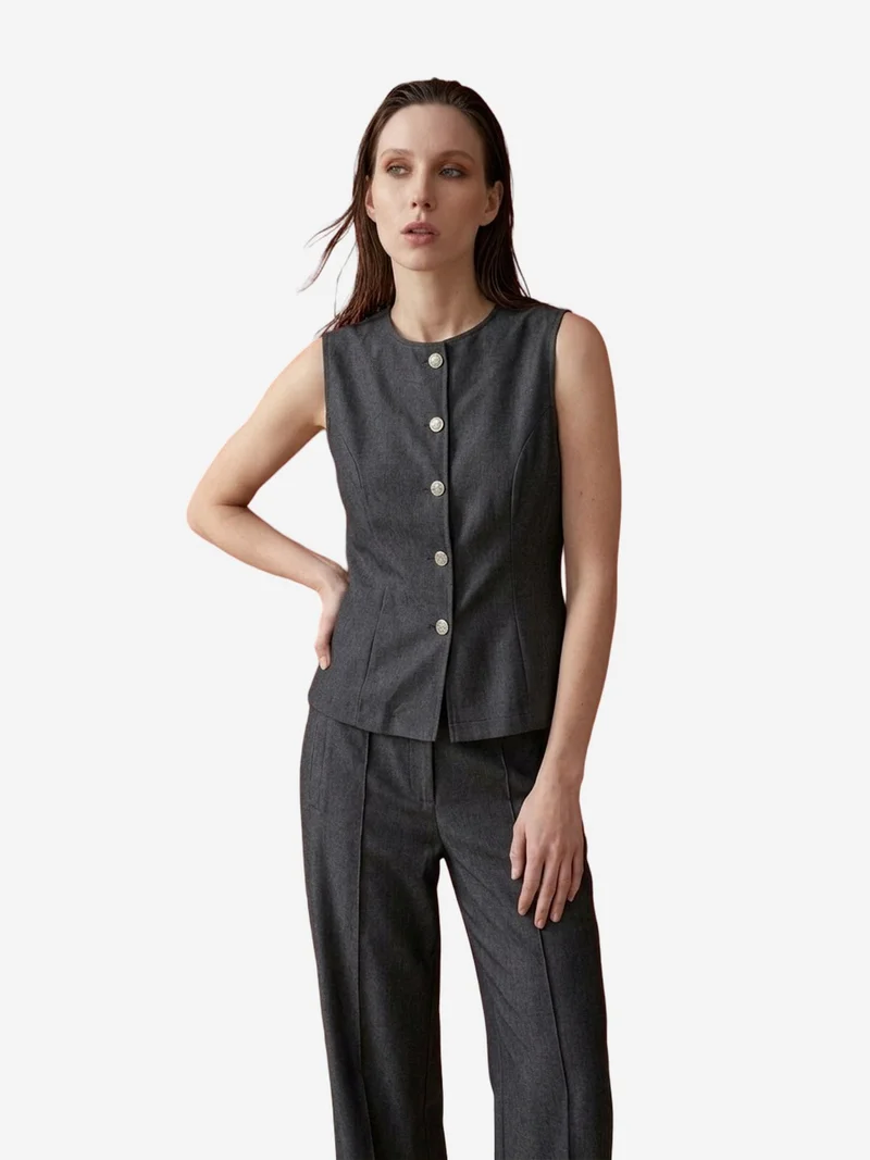 My Fashion Charcoal Grey MY FASHION Cotton Poplin Vest and Wide-Leg Trouser Set for Women | Best Price UAE