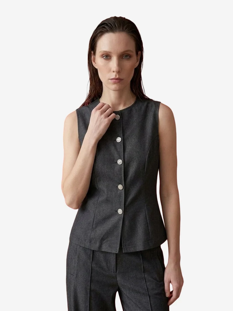 My Fashion Charcoal Grey MY FASHION Cotton Poplin Vest and Wide-Leg Trouser Set for Women | Best Price UAE