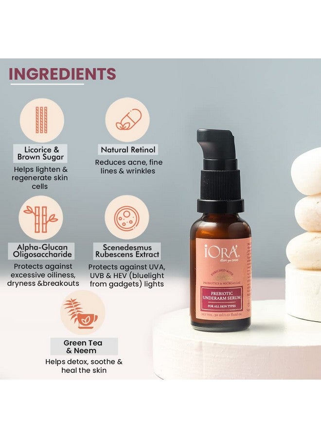 iORA Prebiotic Underarm Serum- 30ml | Brightens, reduces pigmentation & controls odor for dark underarms | Enriched with Neem, Green Tea, Licorice & essential oils | For Men & Women - Image 4