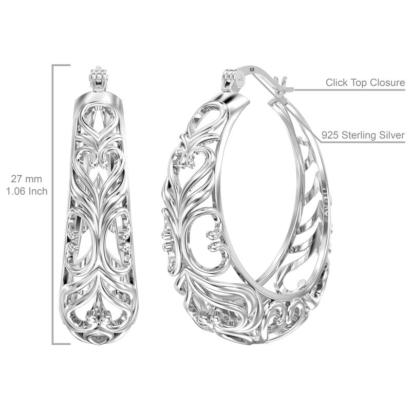 LeCalla 925 Sterling Silver Filigree Hoop Earrings | Chunky Heart Filigree Earrings | Round Hoop Earrings | High Polished Classic Click-Top Earring Hoop for Women 27MM - Image 4