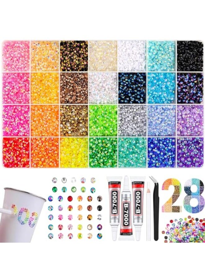 Bedazzling Kit 32000pcs 3mm, Resin Jelly Gems for Bedazzling with 3 Glues, Pickup Pen & Tweezers, DIY Bulk Rhinestones Set for Nail Art, Tumblers, Shoes, Clothing & Crafts (28 Colors) - Image 1