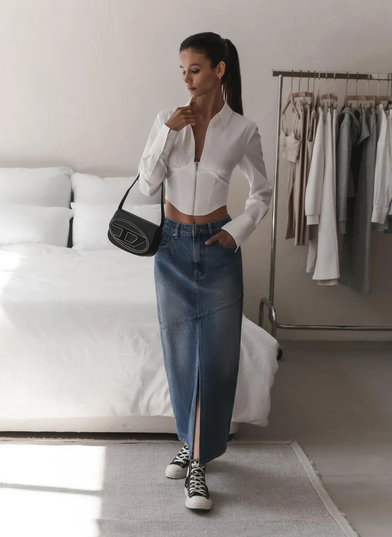 Lichi Denim maxi skirt with diagonal stitching