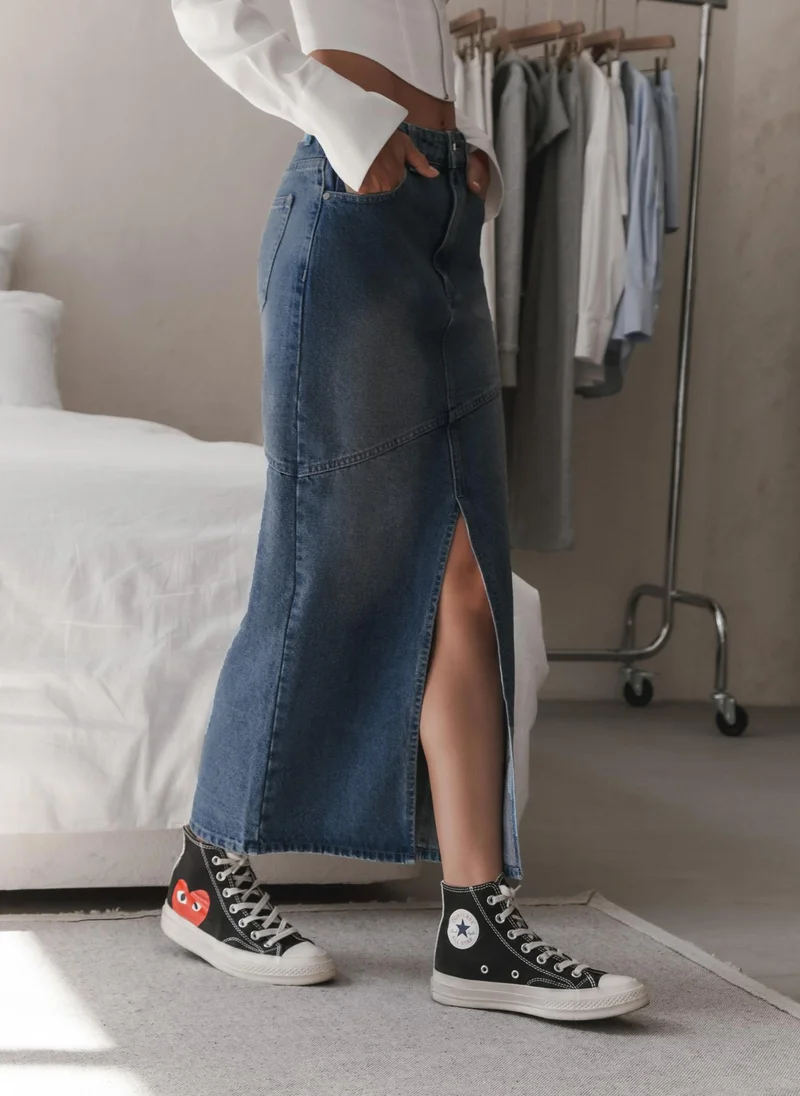 Lichi Denim maxi skirt with diagonal stitching