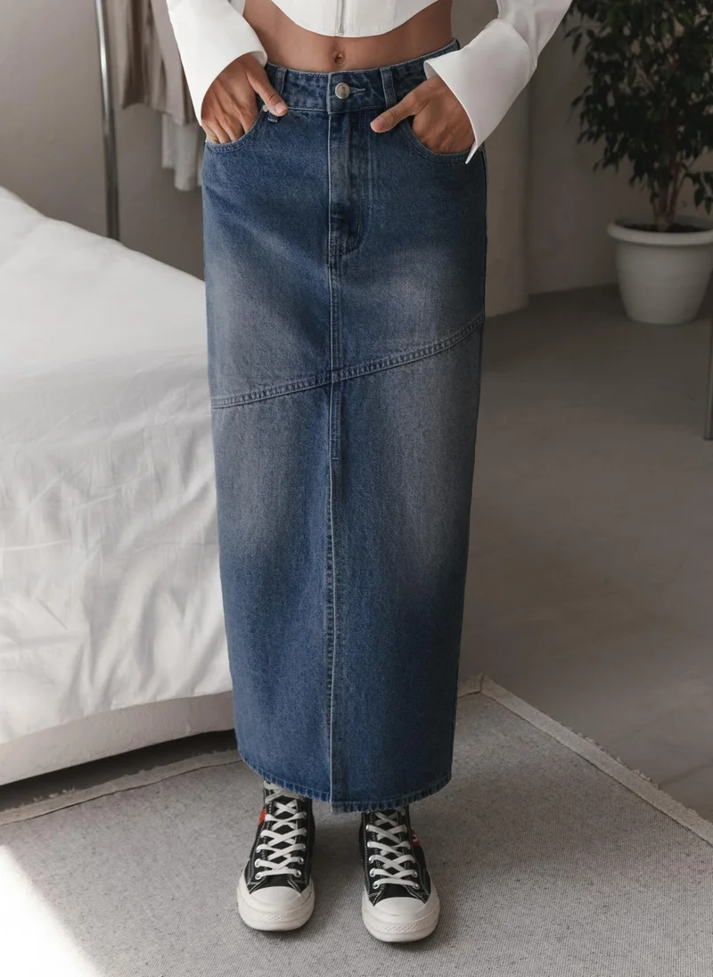 Denim maxi skirt with diagonal stitching