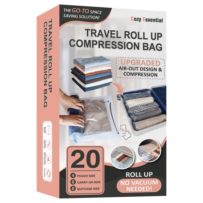 Cozy Essential 20 Travel Compression Bags, Hand Roll Up Travel Space Saver Bags for Luggage No Vacuum Needed, Cruise Ship Essentials (8 Large Roll/8 Medium Roll/4 Small Roll) - Image 1