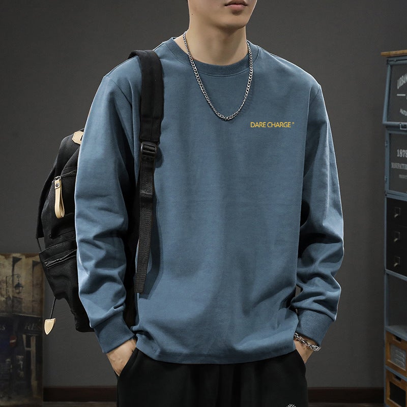 Long-Sleeved T-Shirt Men'S 2024 New Loose Heavy Cotton Teenager Round Neck Pullover Base Shirt - Image 2