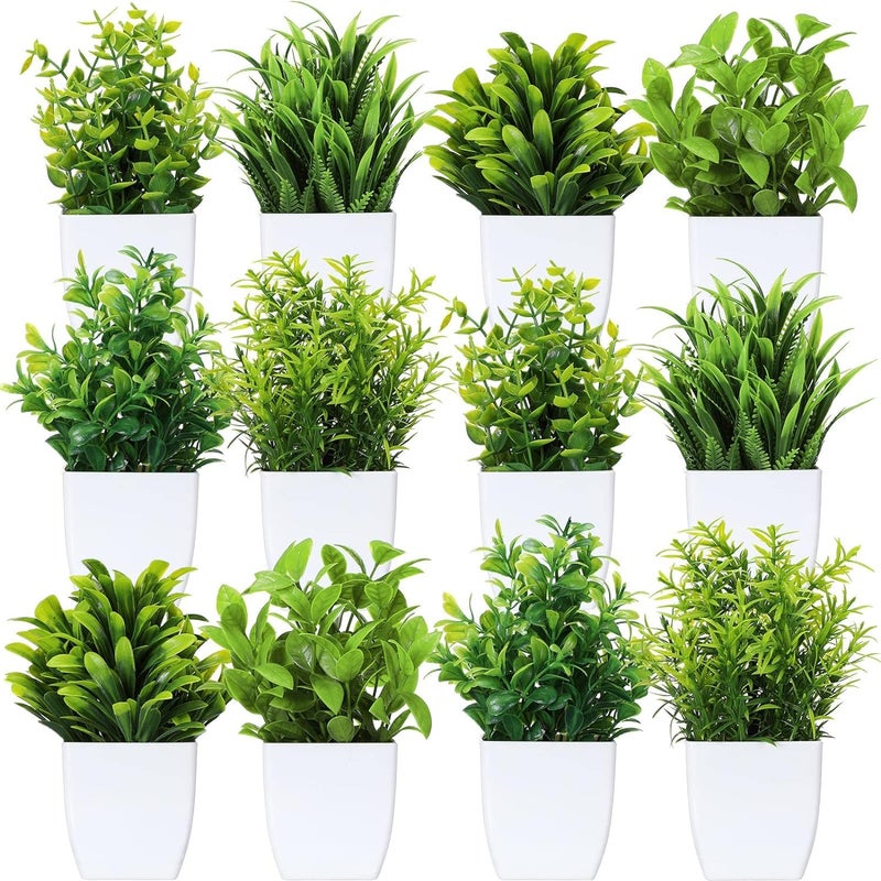 Litleo Artificial Plants Mini Fake Potted Plants, Small Eucalyptus Potted Faux Decorative Grass Plant with White Pot for Home Decor, Indoor, Office, Desk, Shelf, Table Decoration (Pack of 12) - Image 1