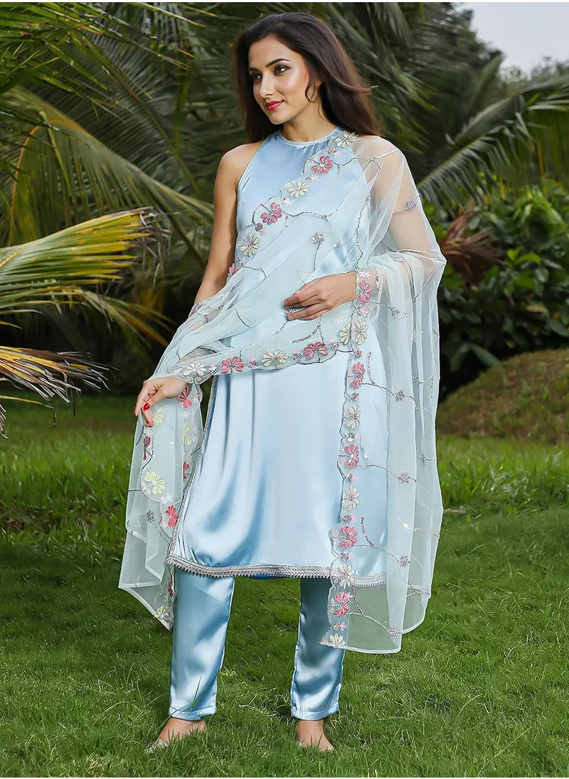 QISSA Women's Powder Blue Blush Bloom Kurta Set