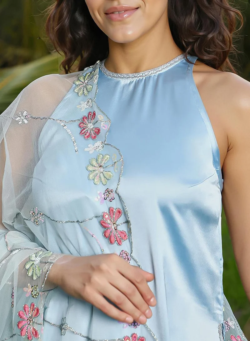 QISSA Women's Powder Blue Blush Bloom Kurta Set For Casual Wear | Halter Neck | Sleeveless | 3 Piece Kurta Set Designed With Comfort Fit For Everyday Ethnic Wear
