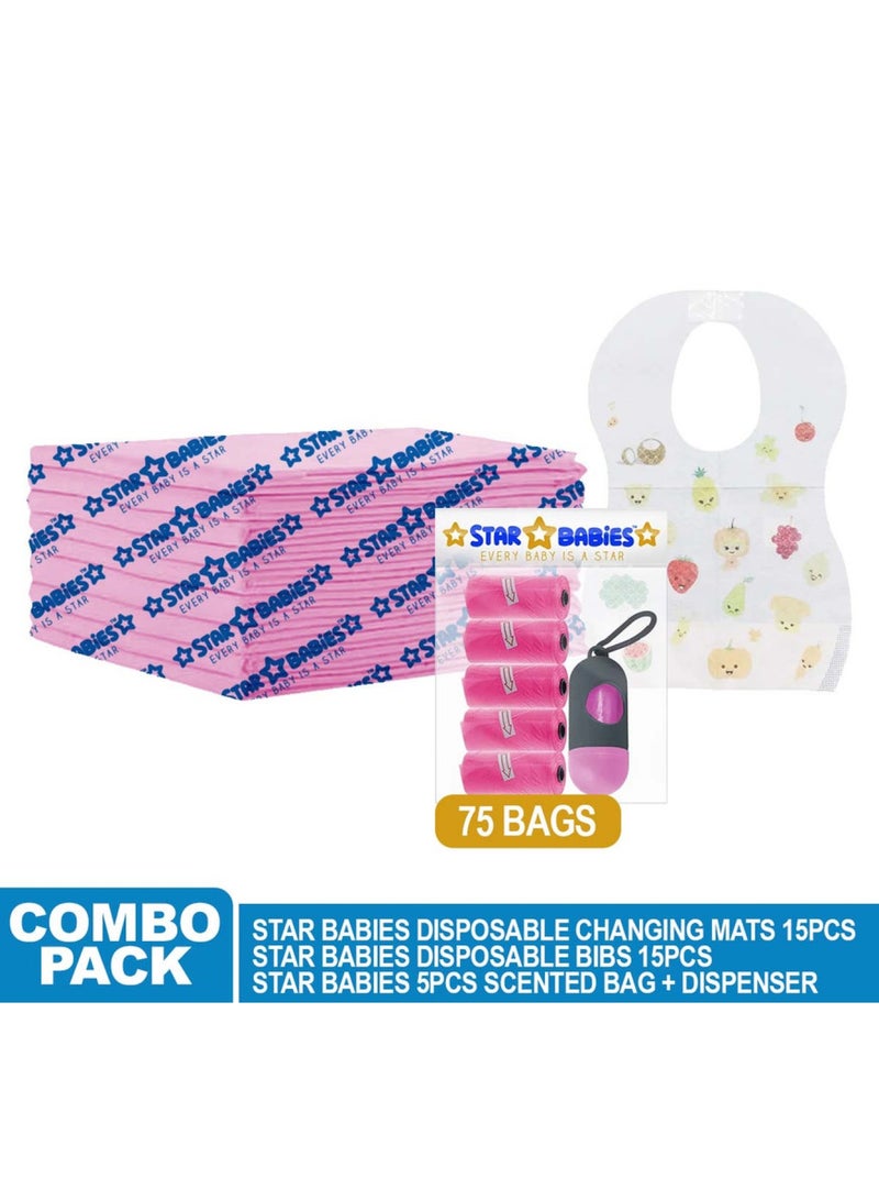 STAR BABiES Combo Packs Changing Mat 45 X 60Cm 15Pcs, Scented Bag Pack Of 5 W/Dispenser 75Bags, Bibs 15Pcs-Pink  - Image 2