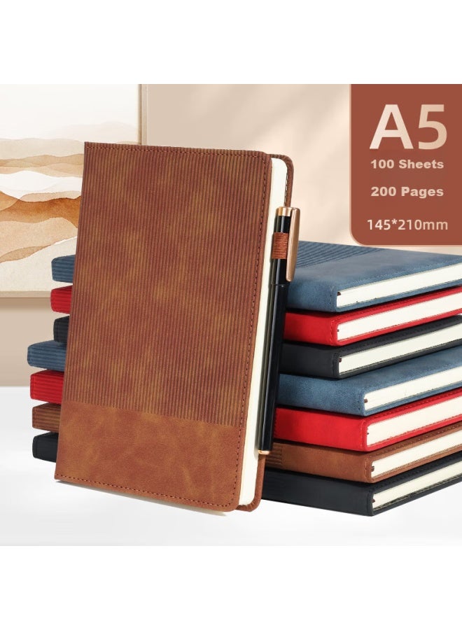 Shen Shi Shen A5 Notebook With Hard Cover, Embossed Pattern, Business Office Meeting Record Book, Student Stationery, Diary, Draft Book With Pen, One Piece, 25-587 Brown - Image 1