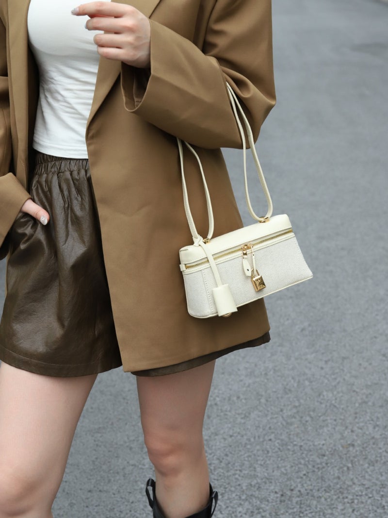 Genuine Leather Canvas Lunch Box Bag Lp19 Underarm Bag Genuine Leather Women'S Bag New High-End Niche Design Colorblock Handbag - Image 3