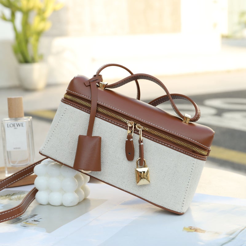 Genuine Leather Canvas Lunch Box Bag Lp19 Underarm Bag Genuine Leather Women'S Bag New High-End Niche Design Colorblock Handbag - Image 1
