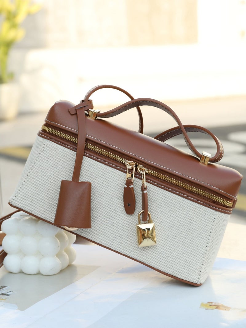 Genuine Leather Canvas Lunch Box Bag Lp19 Underarm Bag Genuine Leather Women'S Bag New High-End Niche Design Colorblock Handbag - Image 2